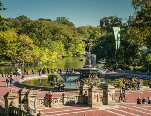 a group of people standing around a fountain in a park